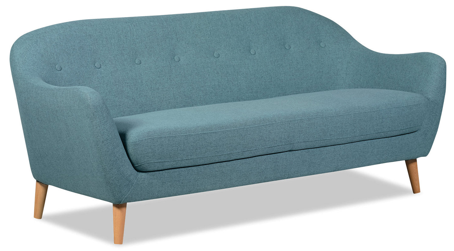 Calla 73.62" Linen-Look Fabric Condo Size Sofa with Button Tufting and Wood Legs - Blue | Sofa Calla de 73,62 po de format condo en tissu d’apparence lin avec capitonnage et pattes en bois - bleu