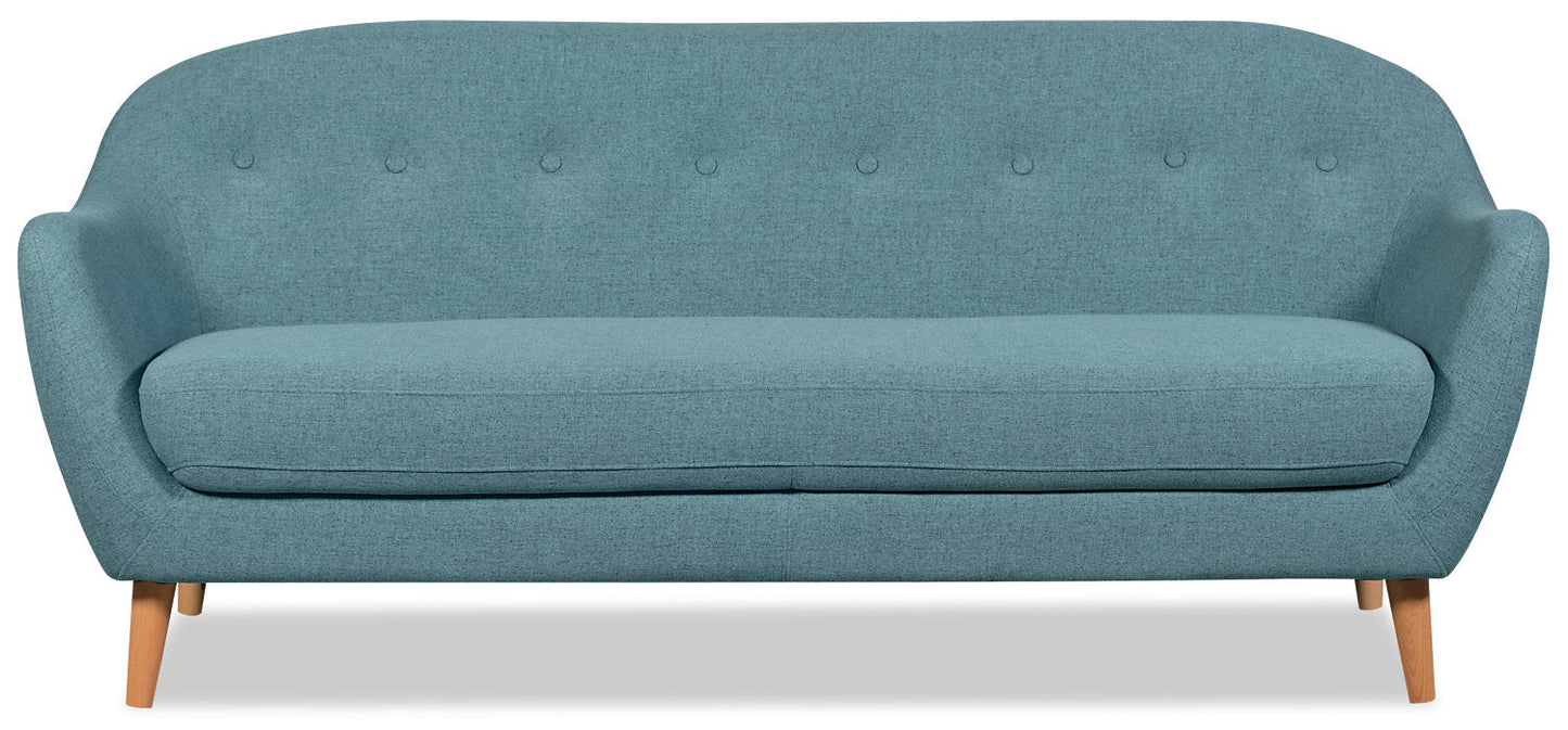 Calla 73.62" Linen-Look Fabric Condo Size Sofa with Button Tufting and Wood Legs - Blue | Sofa Calla de 73,62 po de format condo en tissu d’apparence lin avec capitonnage et pattes en bois - bleu