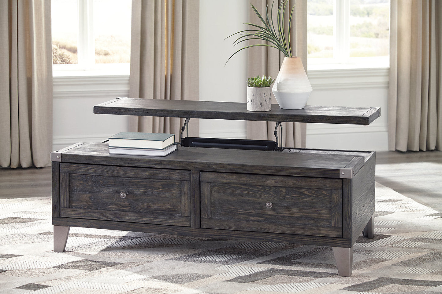 Hilla 54.38" Industrial Lift Top Coffee Table with Storage - Dark Brown Wood with Metal Legs|Table à café industrielle Hilla de 54,38 po avec dessus relevable et rangement - bois brun foncé avec pattes en métal