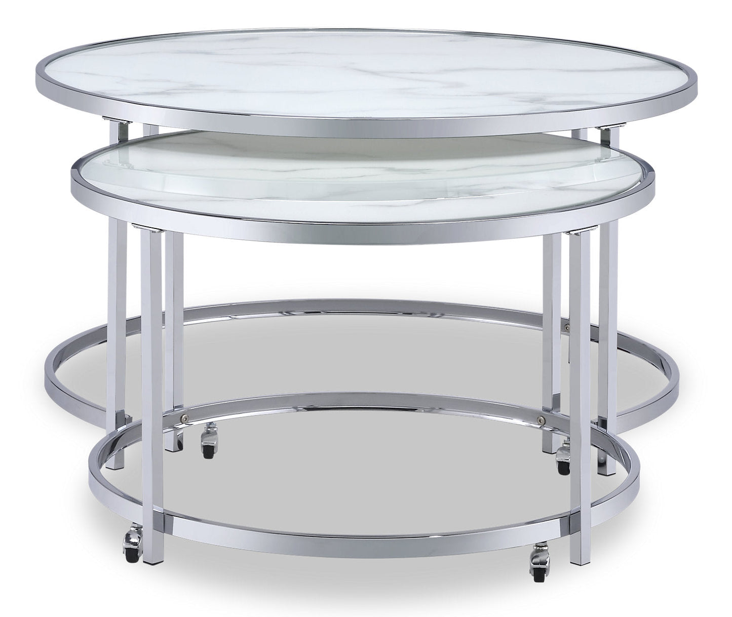 Josie 36" Glam Round Glass Top Nesting Coffee Tables - Grey Marble Look with Metal Legs|Tables à café gigognes rondes somptueuses Josie de 36 po avec dessus en verre - imitation de marbre gris avec pattes en métal