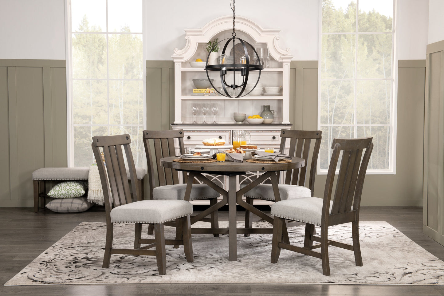 Alto Round Dining Table with 48-66"W Extension, Trestle Base - Grey | Table de salle à manger ronde Alto de 48 po à 66 po avec rallonge et base à tréteaux - grise