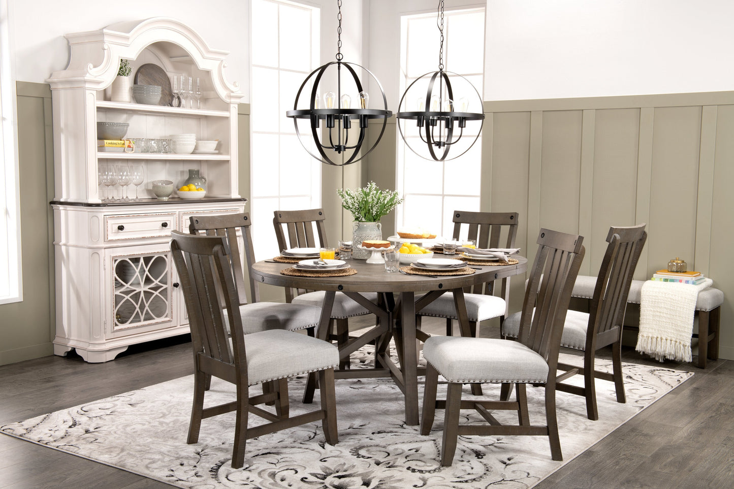 Alto Round Dining Table with 48-66"W Extension, Trestle Base - Grey | Table de salle à manger ronde Alto de 48 po à 66 po avec rallonge et base à tréteaux - grise