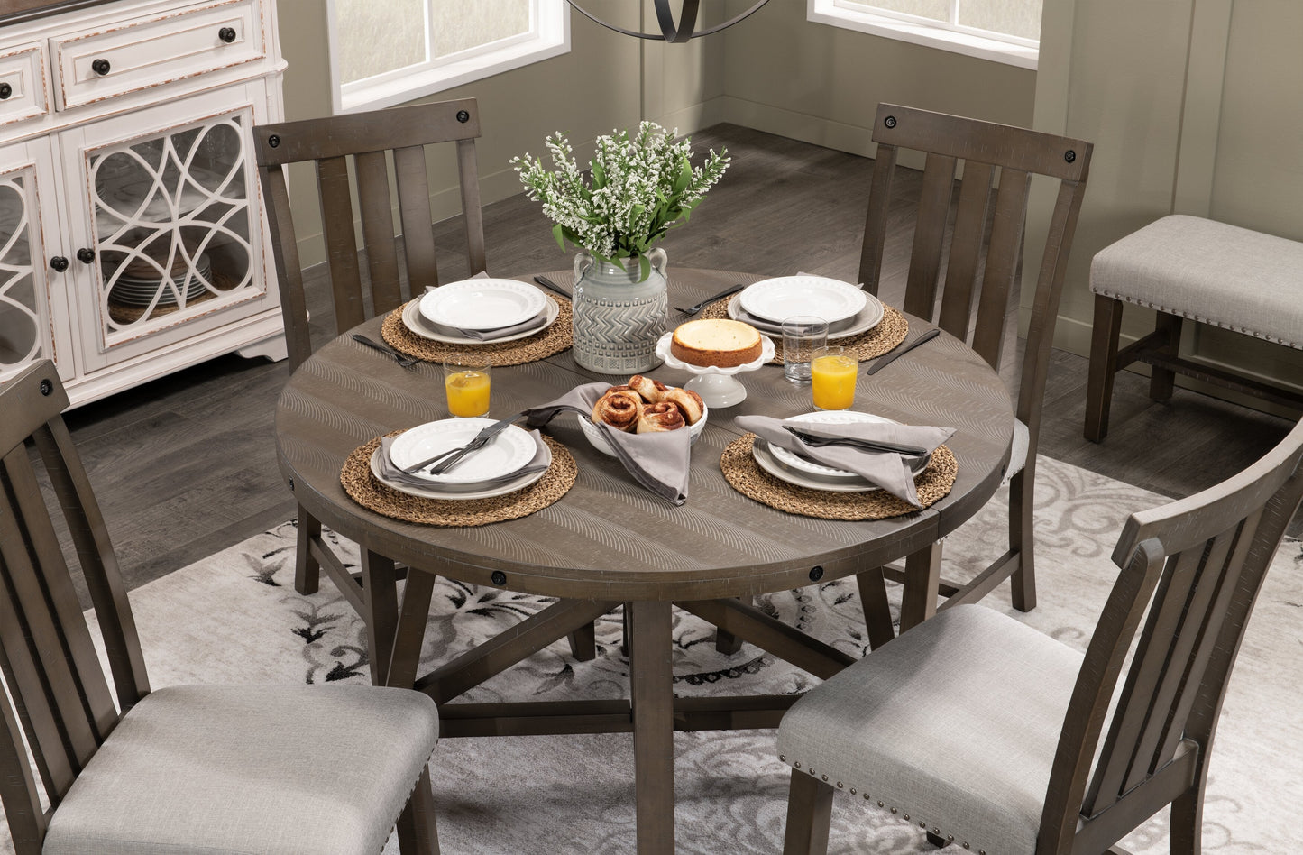 Alto Round Dining Table with 48-66"W Extension, Trestle Base - Grey | Table de salle à manger ronde Alto de 48 po à 66 po avec rallonge et base à tréteaux - grise