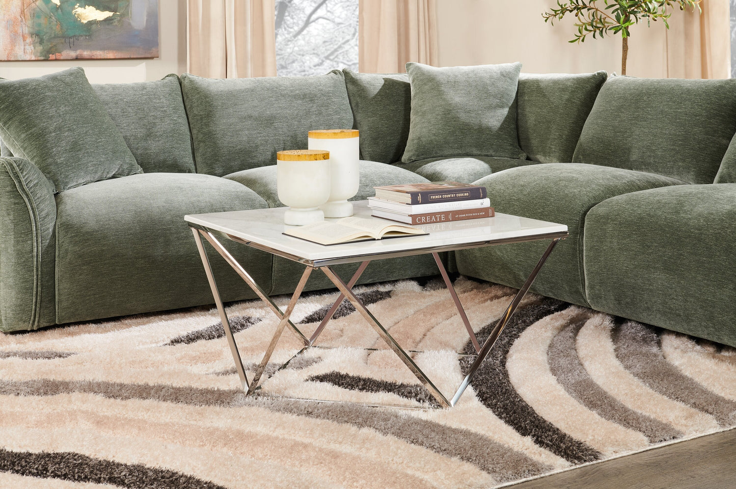 Amanda 31.5" Modern Square Coffee Table - White Marble Top with Chrome Metal Base|Table à café carrée moderne Amanda de 31,5 po - dessus en marbre blanc avec base en métal chromé