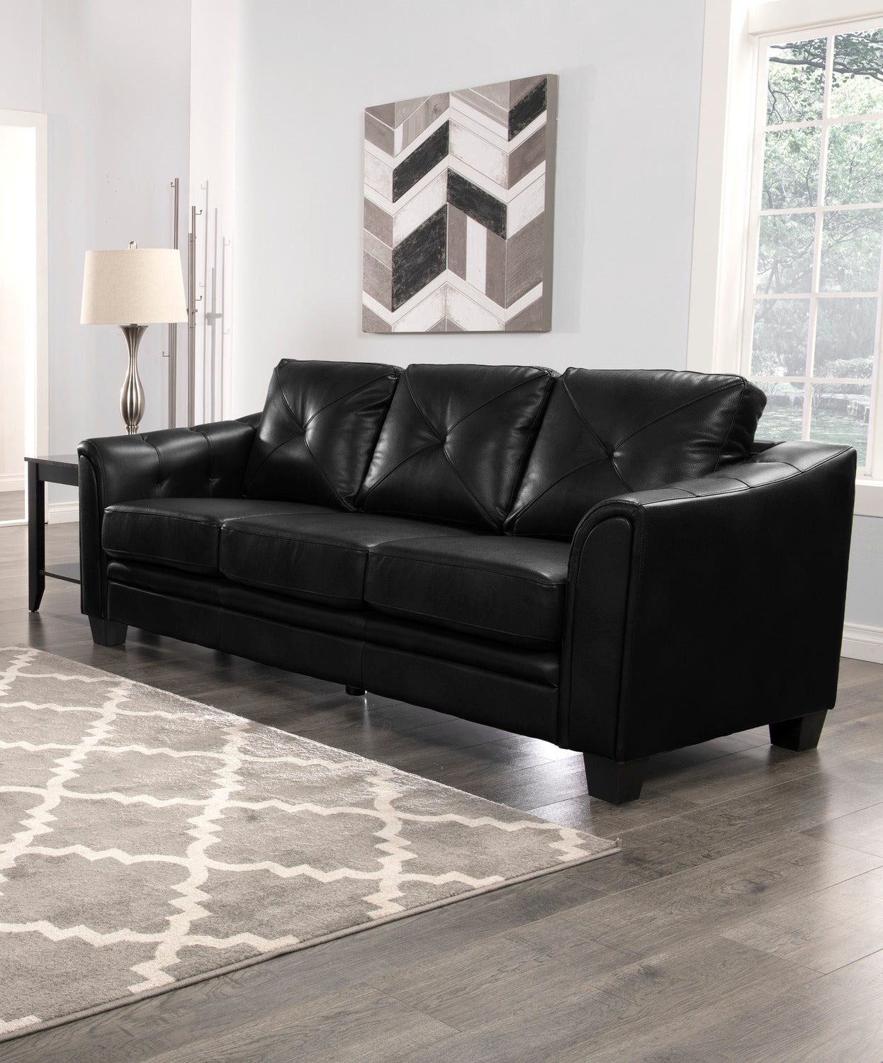 Andi 84" Leather-Look Fabric Sofa with Button Tufting - Black | Sofa Andi de 84 po en tissu d’apparence cuir avec capitonnage - noir