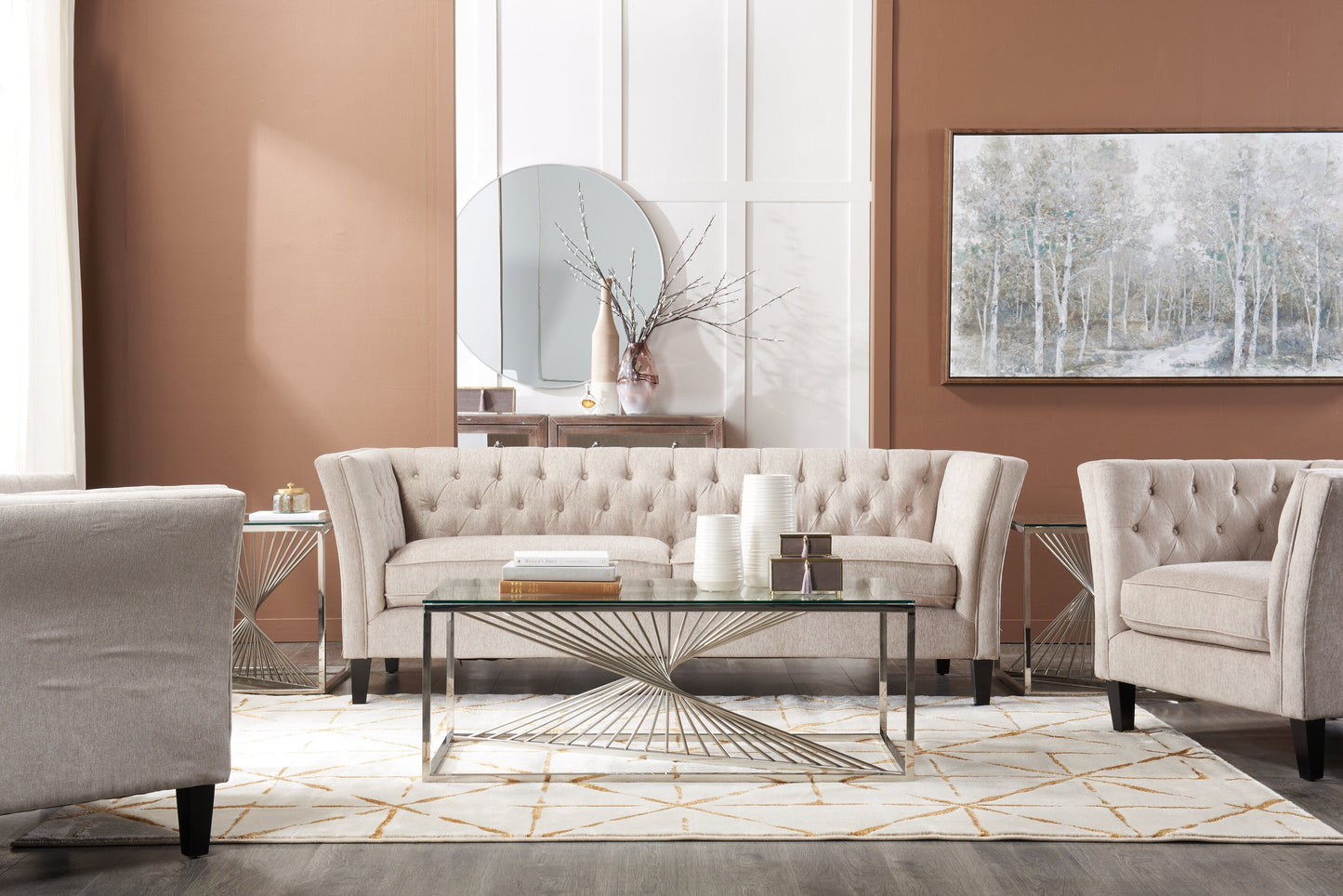 Andreas 47.25" Modern Glass Top Coffee Table - Silver with Chrome Metal Base|Table à café moderne Andreas de 47,25 po avec dessus en verre - argentée avec base en métal chromé