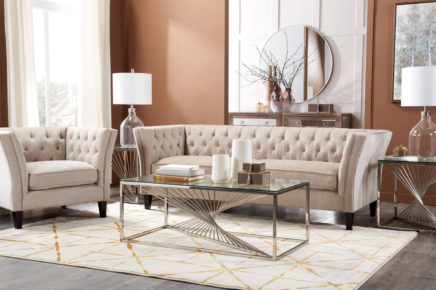 Andreas 47.25" Modern Glass Top Coffee Table - Silver with Chrome Metal Base|Table à café moderne Andreas de 47,25 po avec dessus en verre - argentée avec base en métal chromé