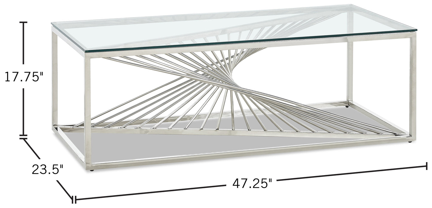 Andreas 47.25" Modern Glass Top Coffee Table - Silver with Chrome Metal Base|Table à café moderne Andreas de 47,25 po avec dessus en verre - argentée avec base en métal chromé
