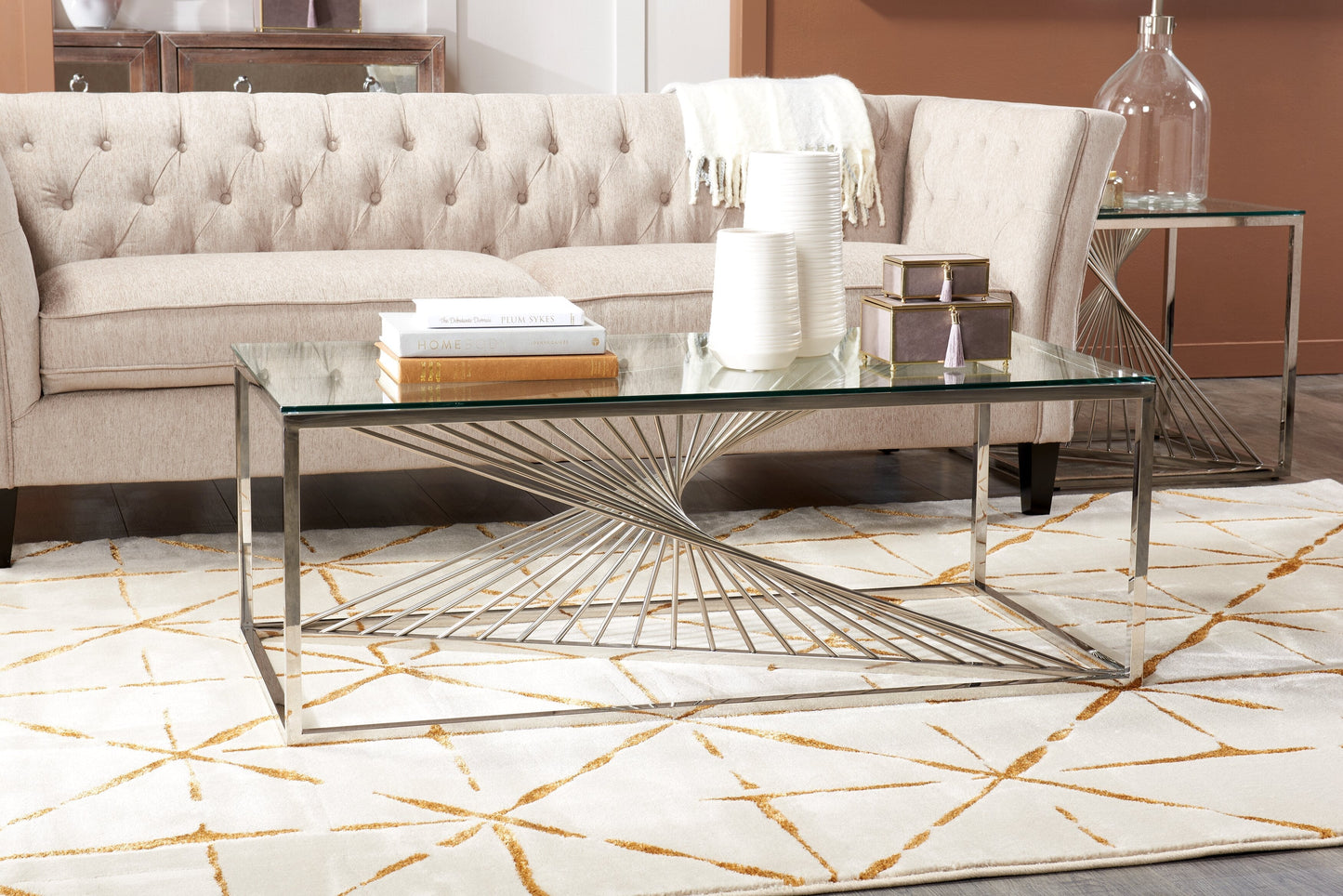Andreas 47.25" Modern Glass Top Coffee Table - Silver with Chrome Metal Base|Table à café moderne Andreas de 47,25 po avec dessus en verre - argentée avec base en métal chromé