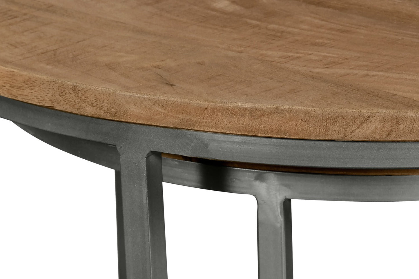 Veranasi 30" Rustic Round Nesting Coffee Tables - Washed Light Brown Wood Top and Iron Legs|Tables à café gigognes rondes rustiques Veranasi de 30 po - dessus en bois brun clair délavé et pattes en fer