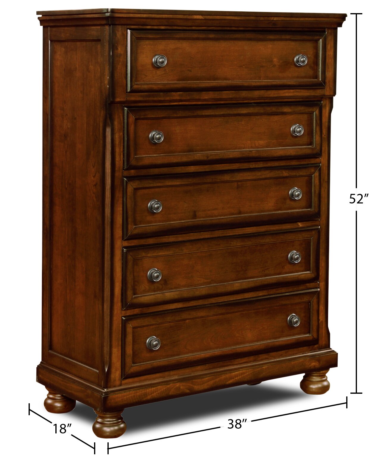 Chelsea Bedroom Chest of Drawers, 5-Drawer, 38"W x 52"H - Cherry Brown | Commode verticale Chelsea de 38 po (L) x 52 po (H) à 5 tiroirs pour la chambre à coucher - brun cerisier