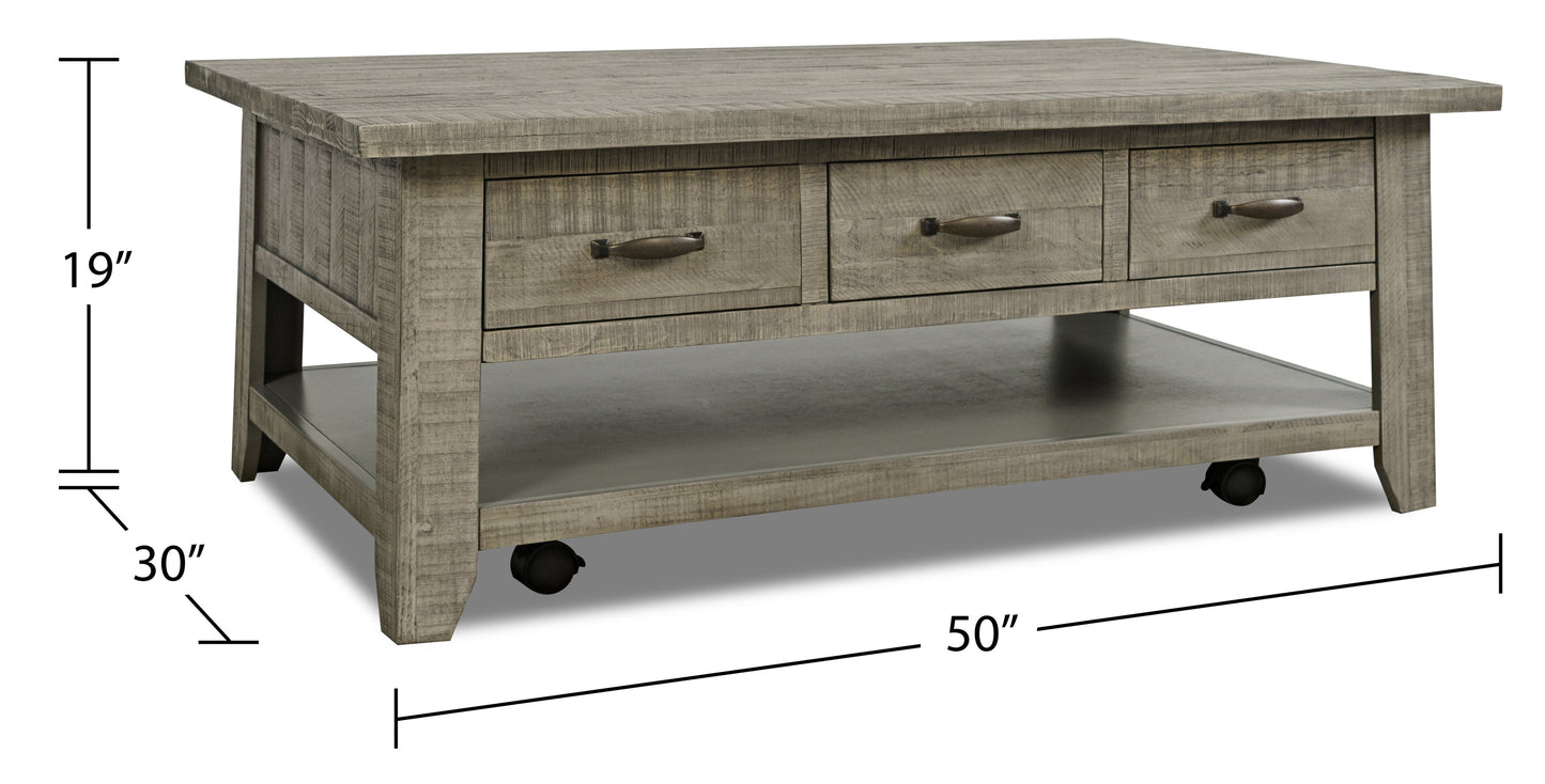 Colson 50" Rustic Coffee Table with Storage, Shelf and Casters - Driftwood |Table à café rustique Colson de 50 po avec rangement, tablette et roulettes - bois de grève