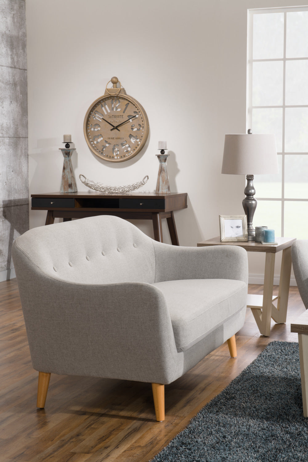 Calla 73.62" Linen-Look Fabric Condo Size Sofa with Button Tufting and Wood Legs - Light Grey | Sofa Calla de 73,62 po de format condo en tissu d’apparence lin avec capitonnage et pattes en bois - gris clair