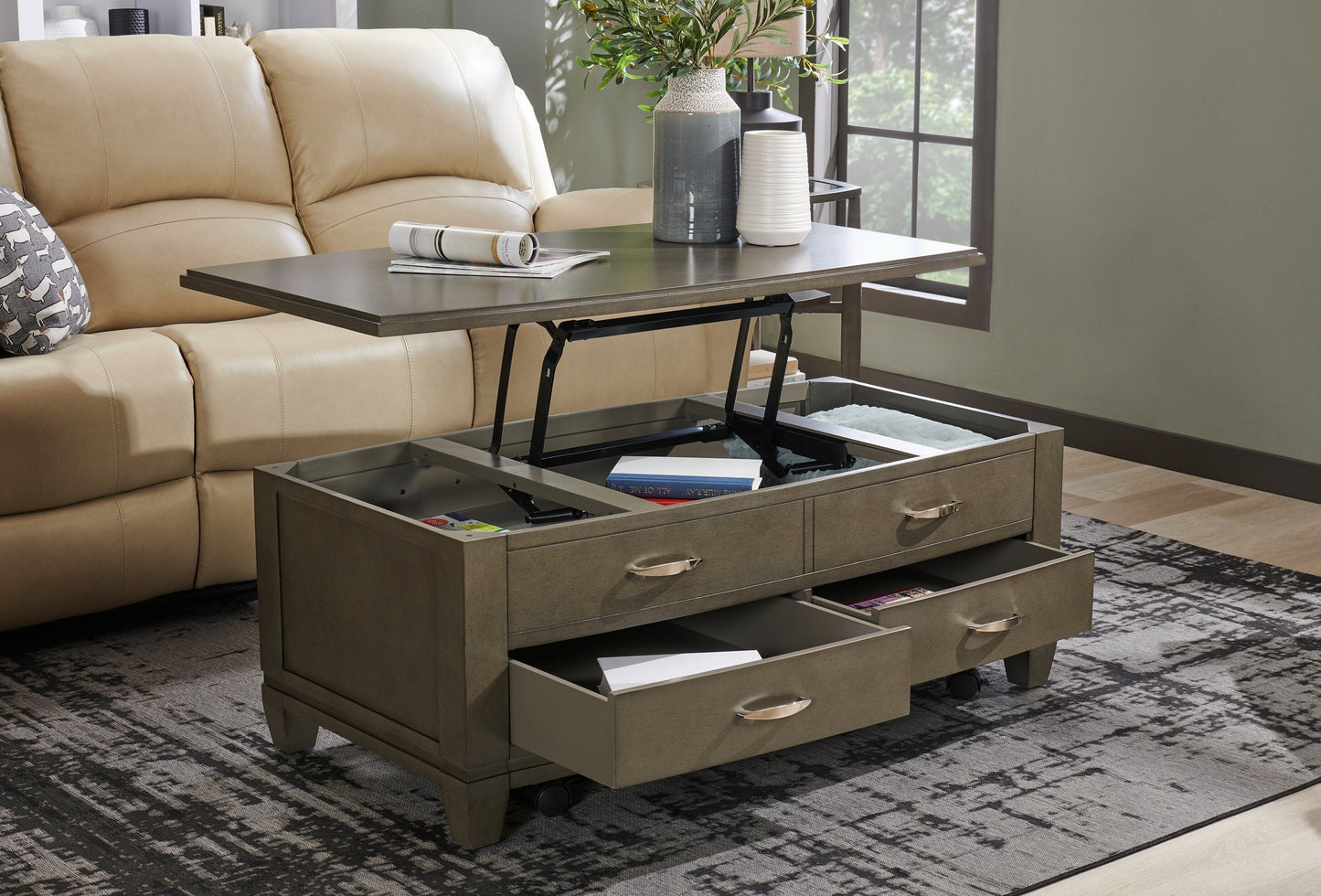 Downtown 48" Modern Lift Top Coffee Table with Storage and Casters - Grey Brown Wood|Table à café moderne Downtown de 48 po avec dessus relevable, rangement et roulettes - bois gris-brun
