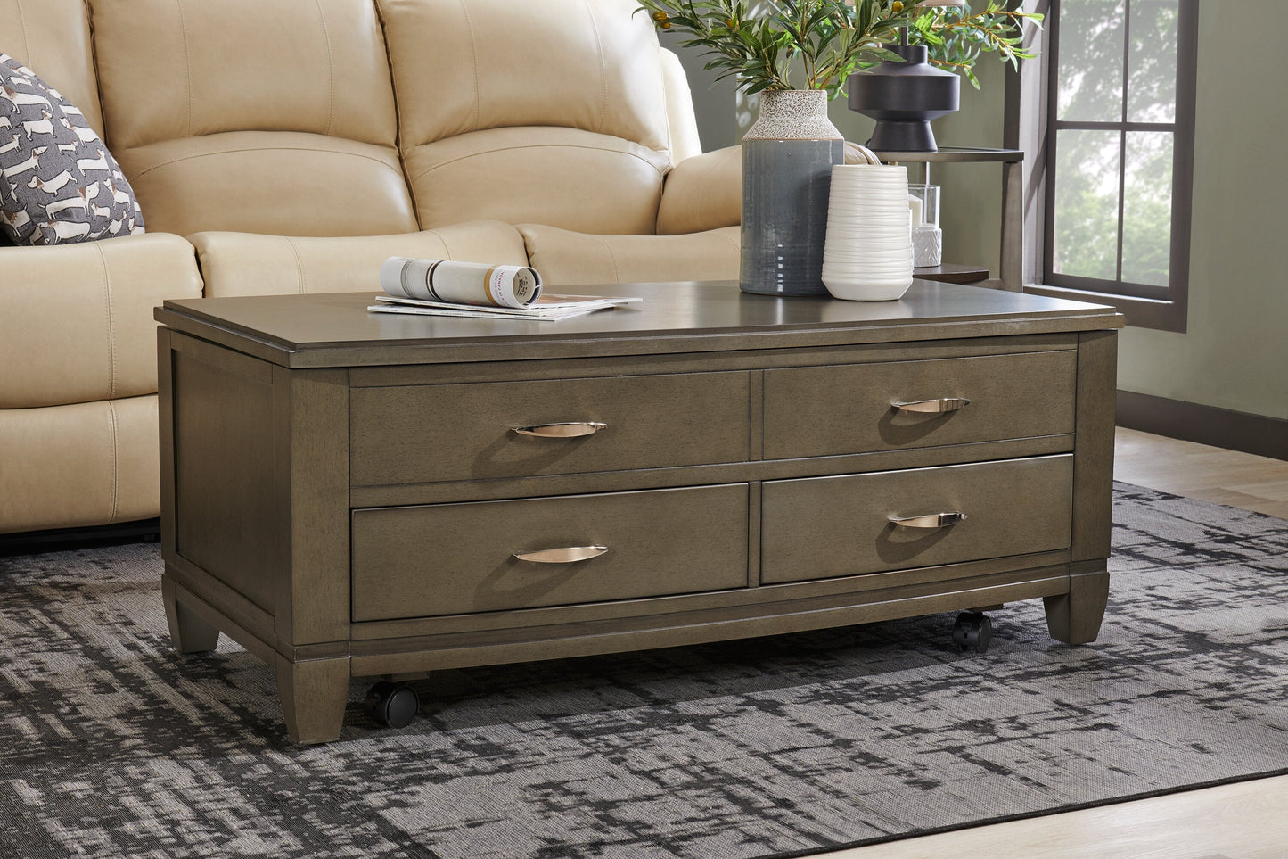 Downtown 48" Modern Lift Top Coffee Table with Storage and Casters - Grey Brown Wood|Table à café moderne Downtown de 48 po avec dessus relevable, rangement et roulettes - bois gris-brun