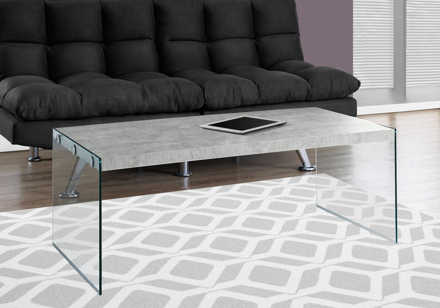 Yonah 44" Modern Coffee Table - Cement Grey with Glass Legs|Table à café moderne Yonah de 44 po - gris ciment avec pattes en verre