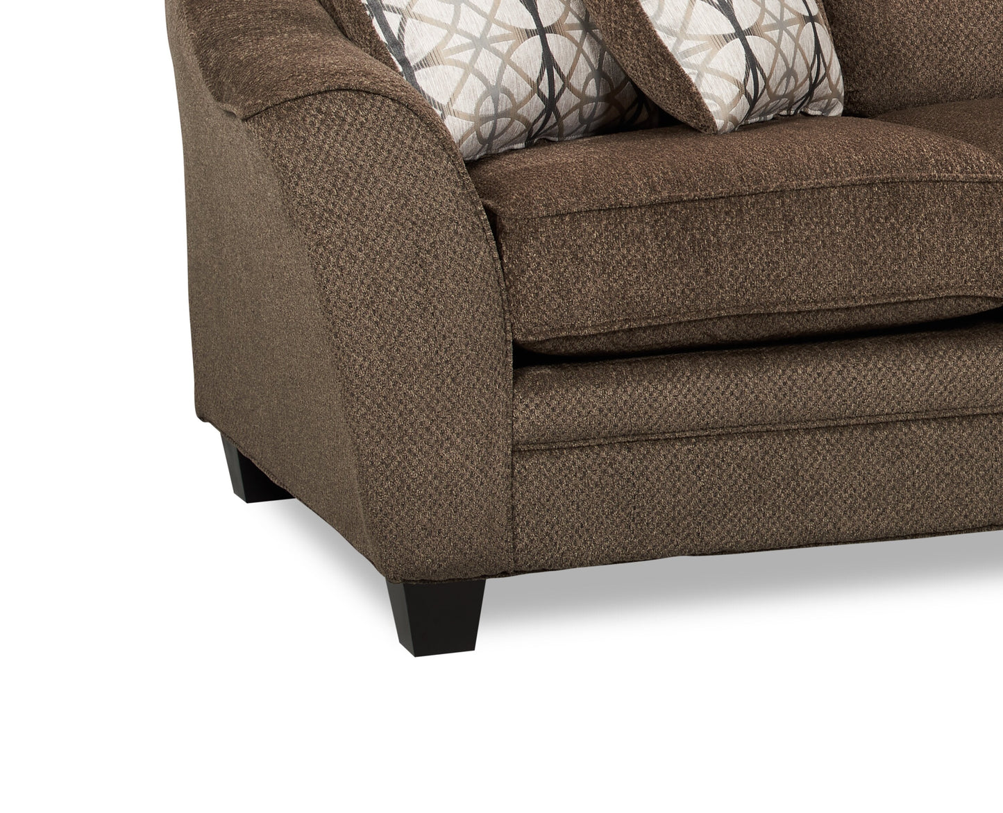 Made in Canada Febe 85" Chenille Fabric Condo-Size Sofa with Flared Arms and Accent Pillows - Brown | Sofa Febe de 85 po de format condo fabriqué au Canada en tissu de chenille avec accoudoirs évasés et coussins décoratifs - brun