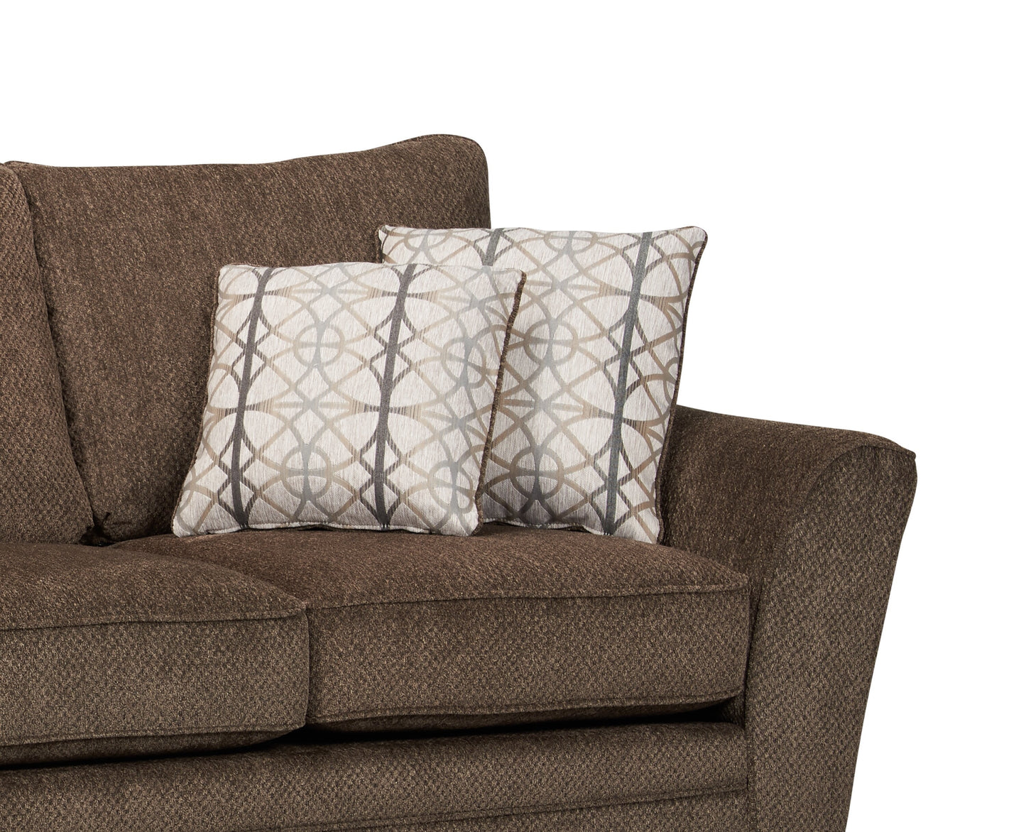 Made in Canada Febe 85" Chenille Fabric Condo-Size Sofa with Flared Arms and Accent Pillows - Brown | Sofa Febe de 85 po de format condo fabriqué au Canada en tissu de chenille avec accoudoirs évasés et coussins décoratifs - brun