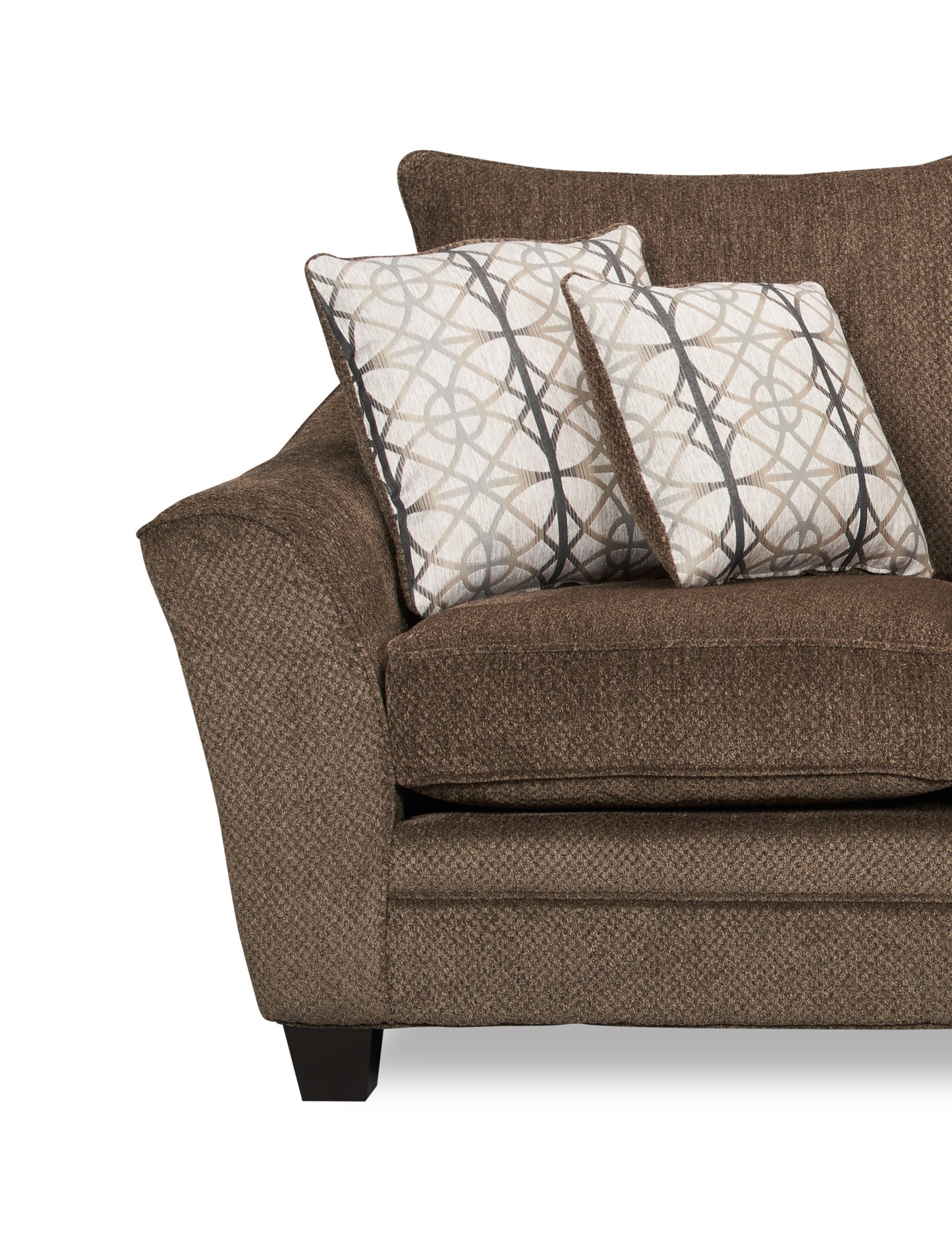 Made in Canada Febe 85" Chenille Fabric Condo-Size Sofa with Flared Arms and Accent Pillows - Brown | Sofa Febe de 85 po de format condo fabriqué au Canada en tissu de chenille avec accoudoirs évasés et coussins décoratifs - brun