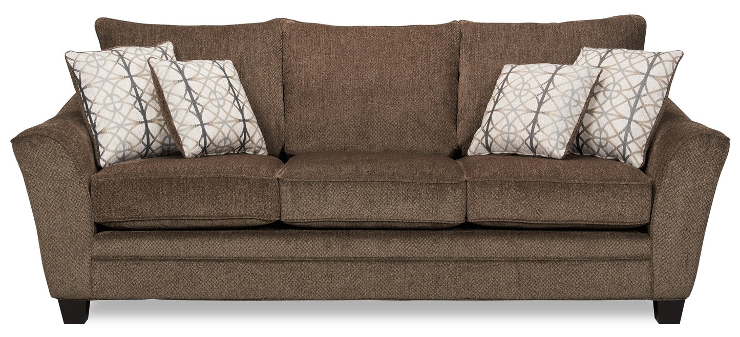 Made in Canada Febe 85" Chenille Fabric Condo-Size Sofa with Flared Arms and Accent Pillows - Brown | Sofa Febe de 85 po de format condo fabriqué au Canada en tissu de chenille avec accoudoirs évasés et coussins décoratifs - brun