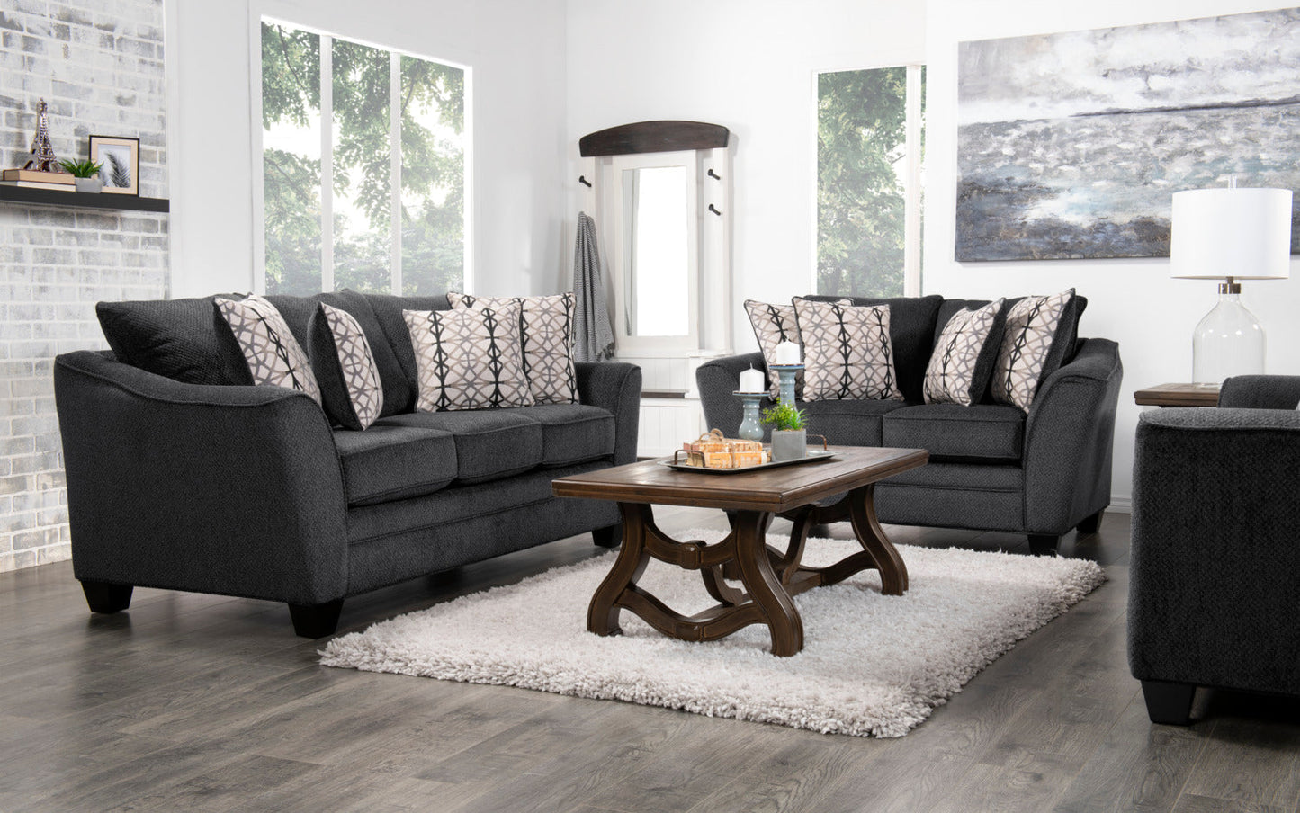 Made in Canada Febe 85" Chenille Fabric Condo-Size Sofa with Flared Arms and Accent Pillows - Charcoal Grey | Sofa Febe de 85 po de format condo fabriqué au Canada en tissu de chenille avec accoudoirs évasés et coussins décoratifs - gris anthracite