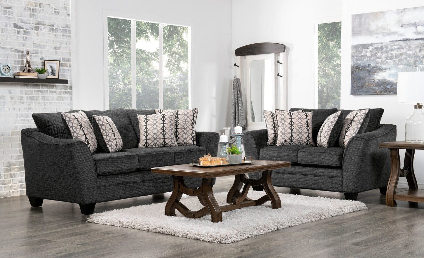 Made in Canada Febe 85" Chenille Fabric Condo-Size Sofa with Flared Arms and Accent Pillows - Charcoal Grey | Sofa Febe de 85 po de format condo fabriqué au Canada en tissu de chenille avec accoudoirs évasés et coussins décoratifs - gris anthracite