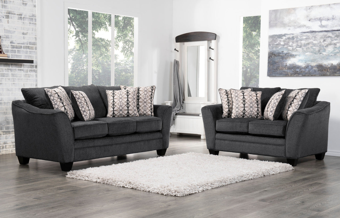 Made in Canada Febe 85" Chenille Fabric Condo-Size Sofa with Flared Arms and Accent Pillows - Charcoal Grey | Sofa Febe de 85 po de format condo fabriqué au Canada en tissu de chenille avec accoudoirs évasés et coussins décoratifs - gris anthracite