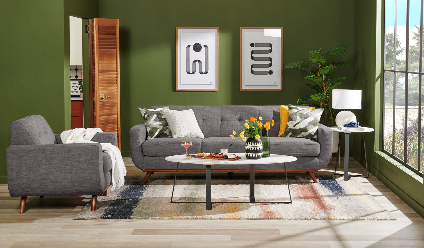 Kort & Co. Freeman 88" Linen-Look Fabric Sofa with Wood Base and Tufted Back Cushions - Charcoal Grey | Sofa Freeman Kort & Co. de 88 po en tissu d’apparence lin avec pattes en bois et coussins de dossier capitonnés - gris anthracite