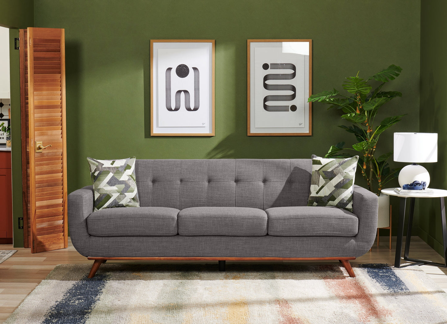 Kort & Co. Freeman 88" Linen-Look Fabric Sofa with Wood Base and Tufted Back Cushions - Charcoal Grey | Sofa Freeman Kort & Co. de 88 po en tissu d’apparence lin avec pattes en bois et coussins de dossier capitonnés - gris anthracite