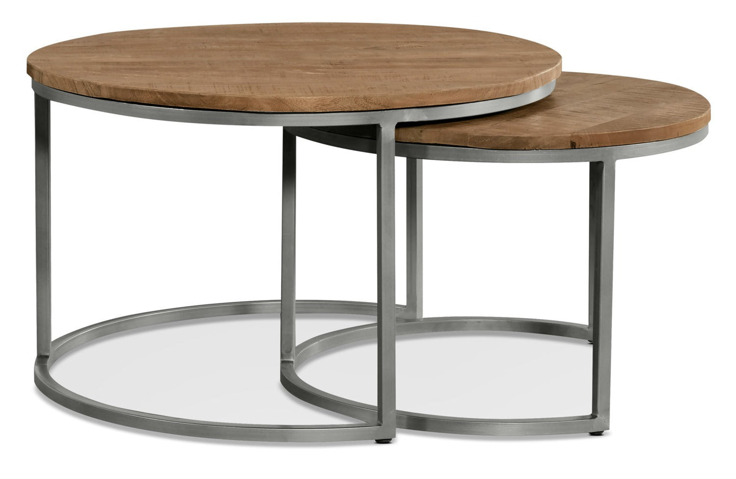 Veranasi 30" Rustic Round Nesting Coffee Tables - Washed Light Brown Wood Top and Iron Legs|Tables à café gigognes rondes rustiques Veranasi de 30 po - dessus en bois brun clair délavé et pattes en fer