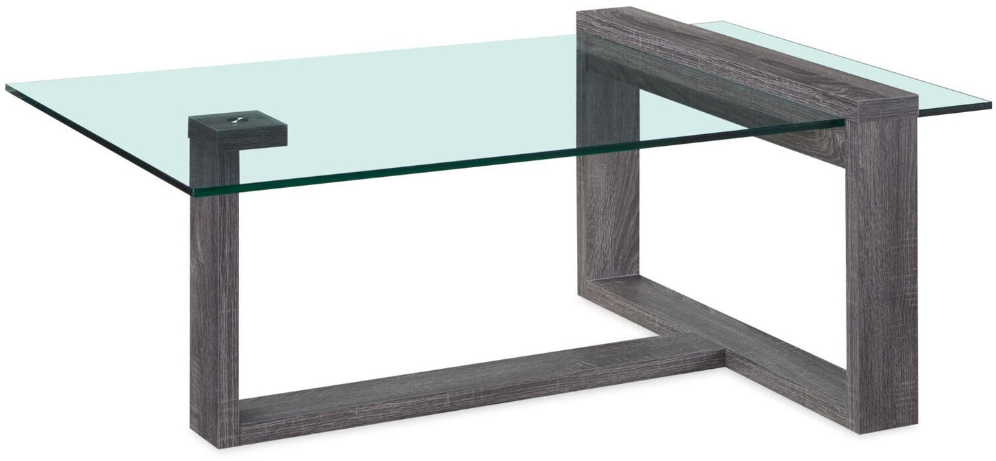 California 47.25" Modern Glass Top Coffee Table - Distressed Grey |Table à café moderne California de 47,25 po avec dessus en verre - gris vieilli