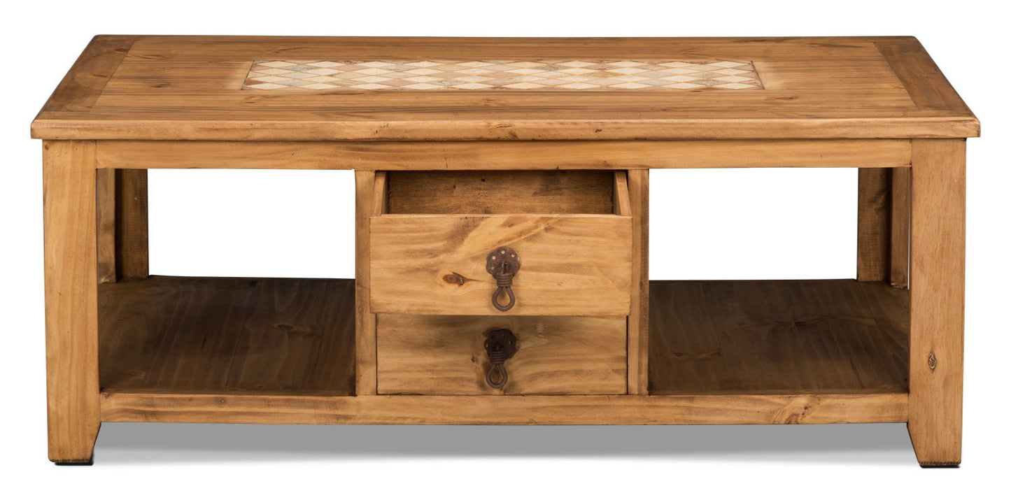 Santa Fe Rustico 47.25" Rustic Coffee Table with Storage and Shelf - Natural Pine with Marble Inset|Table à café rustique Santa Fe Rustico de 47,25 po avec rangement et tablette - pin naturel avec incrustation de marbre