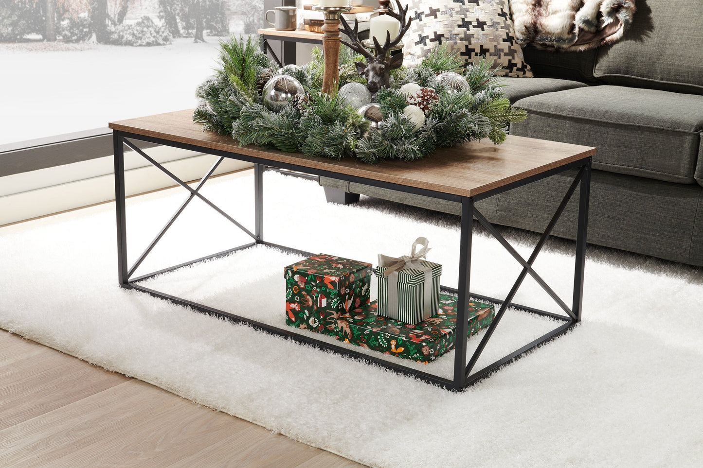 Kasey 42.25" Modern 3-Pack Coffee + 2 End Tables - Dark Taupe with Black Metal Base|Ensemble 3 tables modernes Kasey de 42,25 po (table à café et 2 tables de bout) - taupe foncée avec base en métal noir
