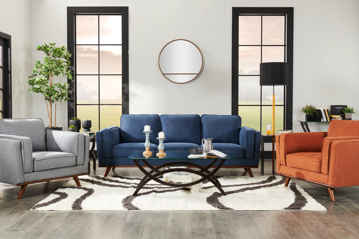 Kort & Co. Kassia 90.6" Linen-Look Fabric Sofa with Wood Base and Legs - Blue | Sofa Kassia de Kort & Co. de 90,6 po en tissu d’apparence lin avec base et pattes en bois - bleu
