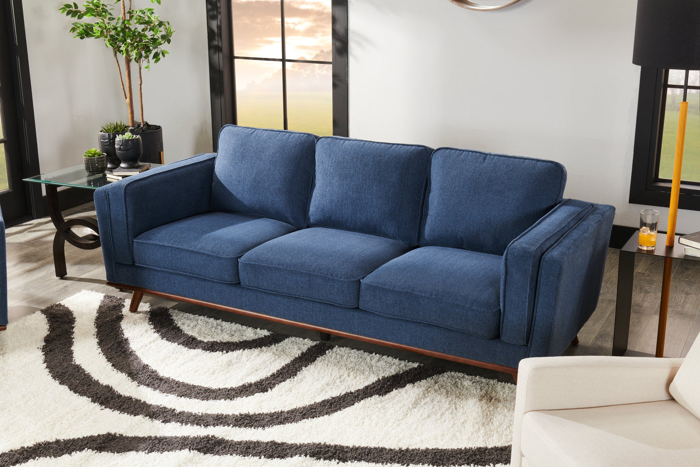 Kort & Co. Kassia 90.6" Linen-Look Fabric Sofa with Wood Base and Legs - Blue | Sofa Kassia de Kort & Co. de 90,6 po en tissu d’apparence lin avec base et pattes en bois - bleu