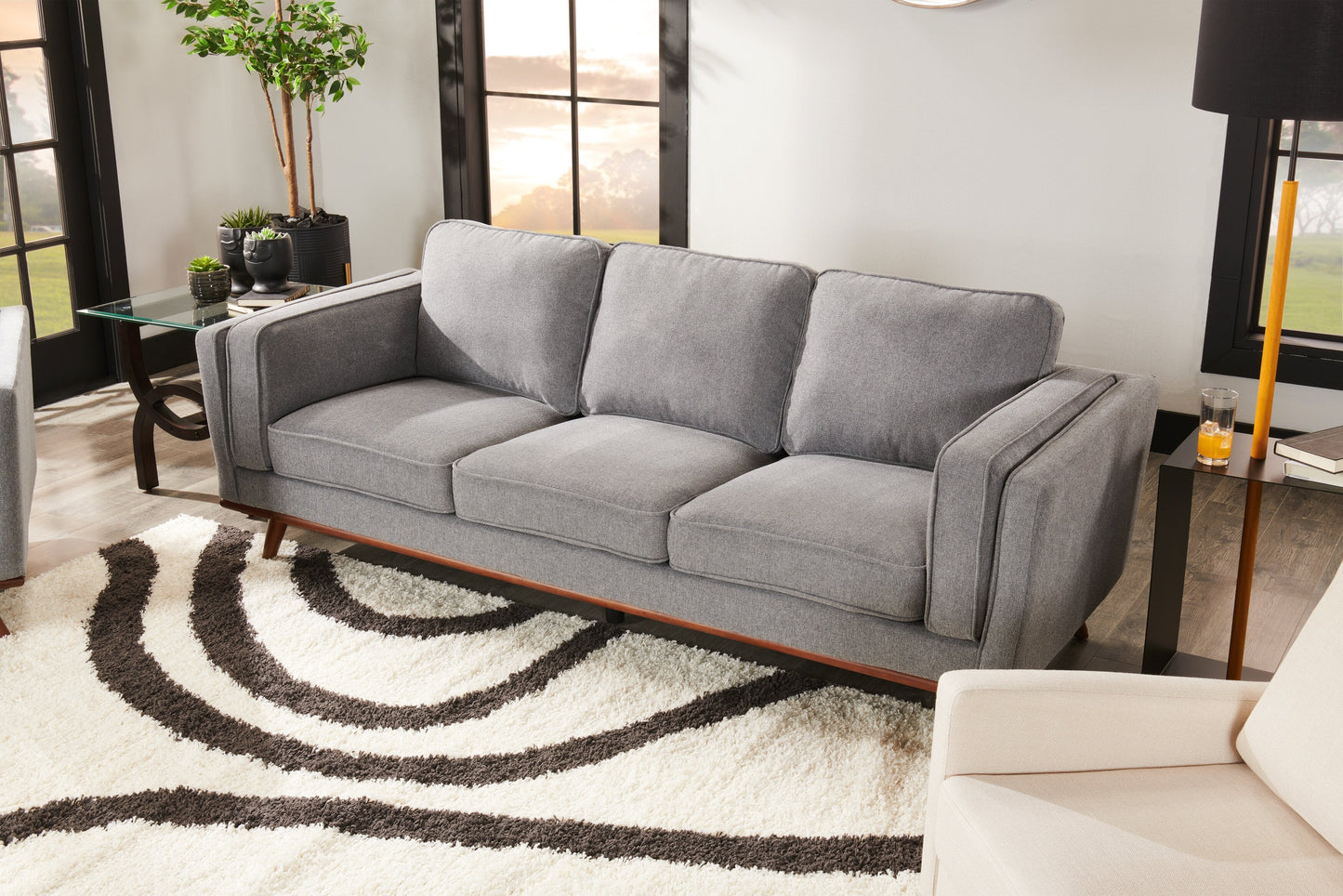 Kort & Co. Kassia 90.6" Linen-Look Fabric Sofa with Wood Base and Legs - Grey | Sofa Kassia de Kort & Co. de 90,6 po en tissu d’apparence lin avec base et pattes en bois - gris