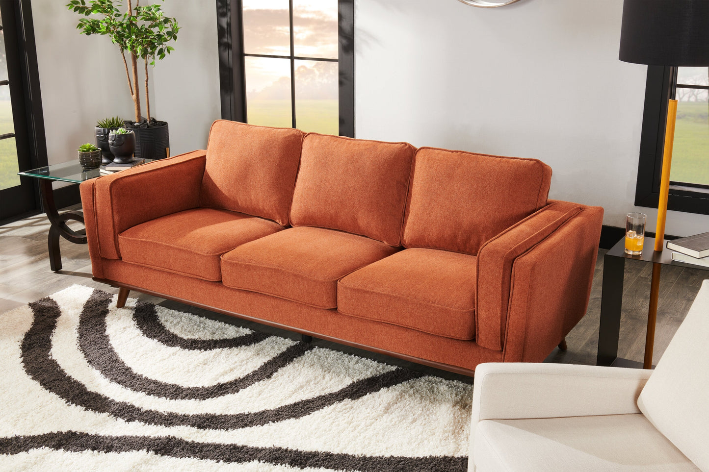Kort & Co. Kassia 90.6" Linen-Look Fabric Sofa with Wood Base and Legs - Orange | Sofa Kassia de Kort & Co. de 90,6 po en tissu d’apparence lin avec base et pattes en bois - orange