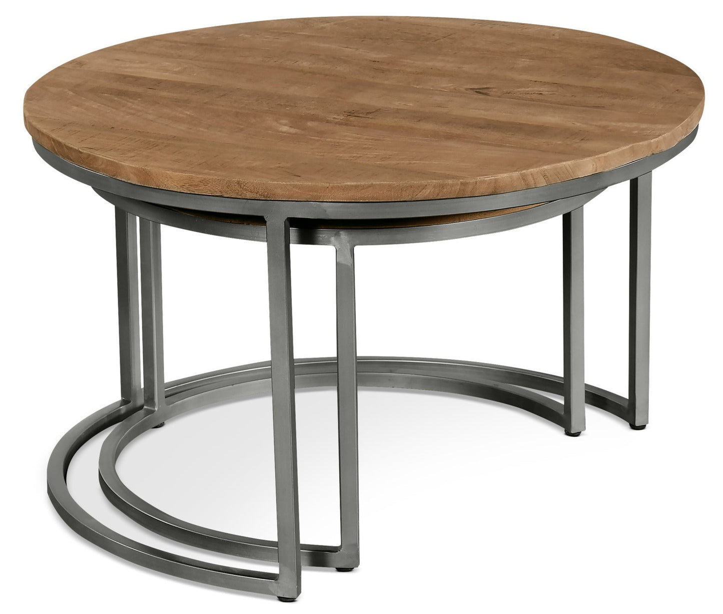 Veranasi 30" Rustic Round Nesting Coffee Tables - Washed Light Brown Wood Top and Iron Legs|Tables à café gigognes rondes rustiques Veranasi de 30 po - dessus en bois brun clair délavé et pattes en fer