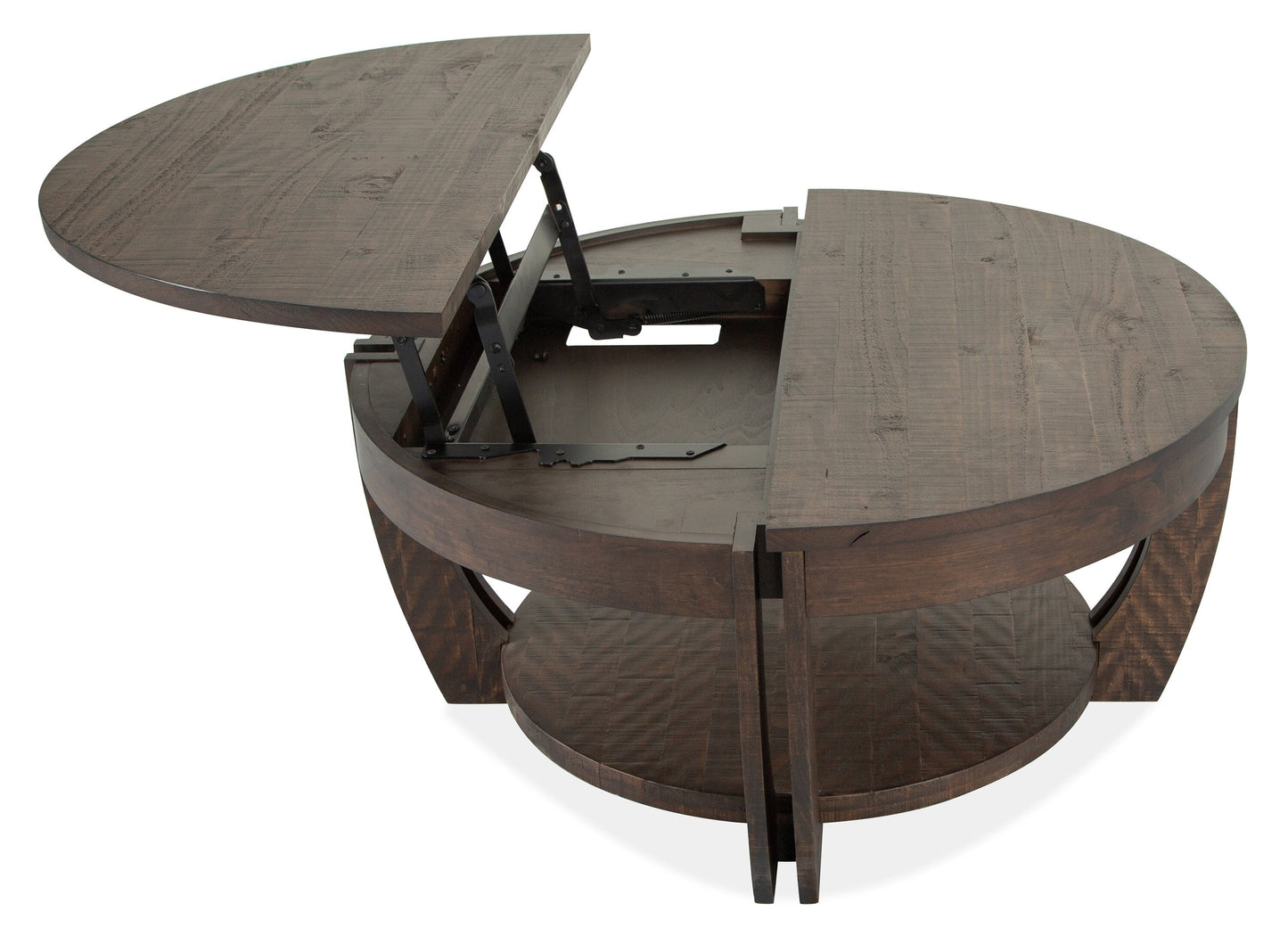 Lyndale 38" Traditional Round Lift Top Coffee Table with Storage and Shelf - Brown Pine|Table à café ronde traditionnelle Lyndale de 38 po avec dessus relevable, rangement et tablette - pin brun