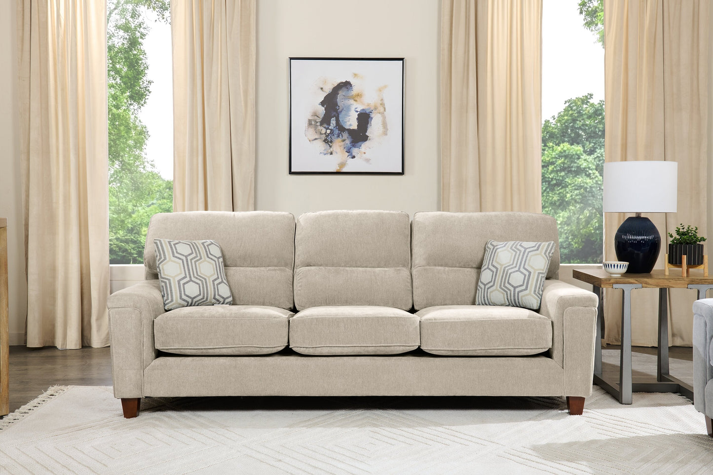 Lyric 88.1" Chenille Fabric Sofa with Reversible Seat Cushions, Accent Pillows and Wood Legs - Taupe | Sofa Lyric de 88,1 po en tissu de chenille avec coussins de siège réversibles, coussins décoratifs et pattes en bois - taupe