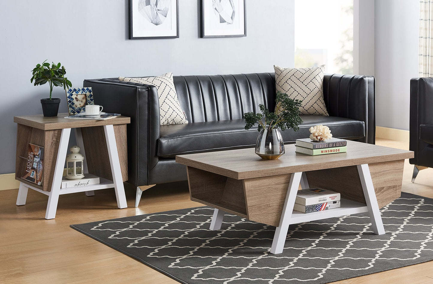 Malik 47.25" Modern Coffee Table with Storage and Shelf - White and Light Brown |Table à café moderne Malik de 47,25 po avec rangement et tablette - blanche et brun clair