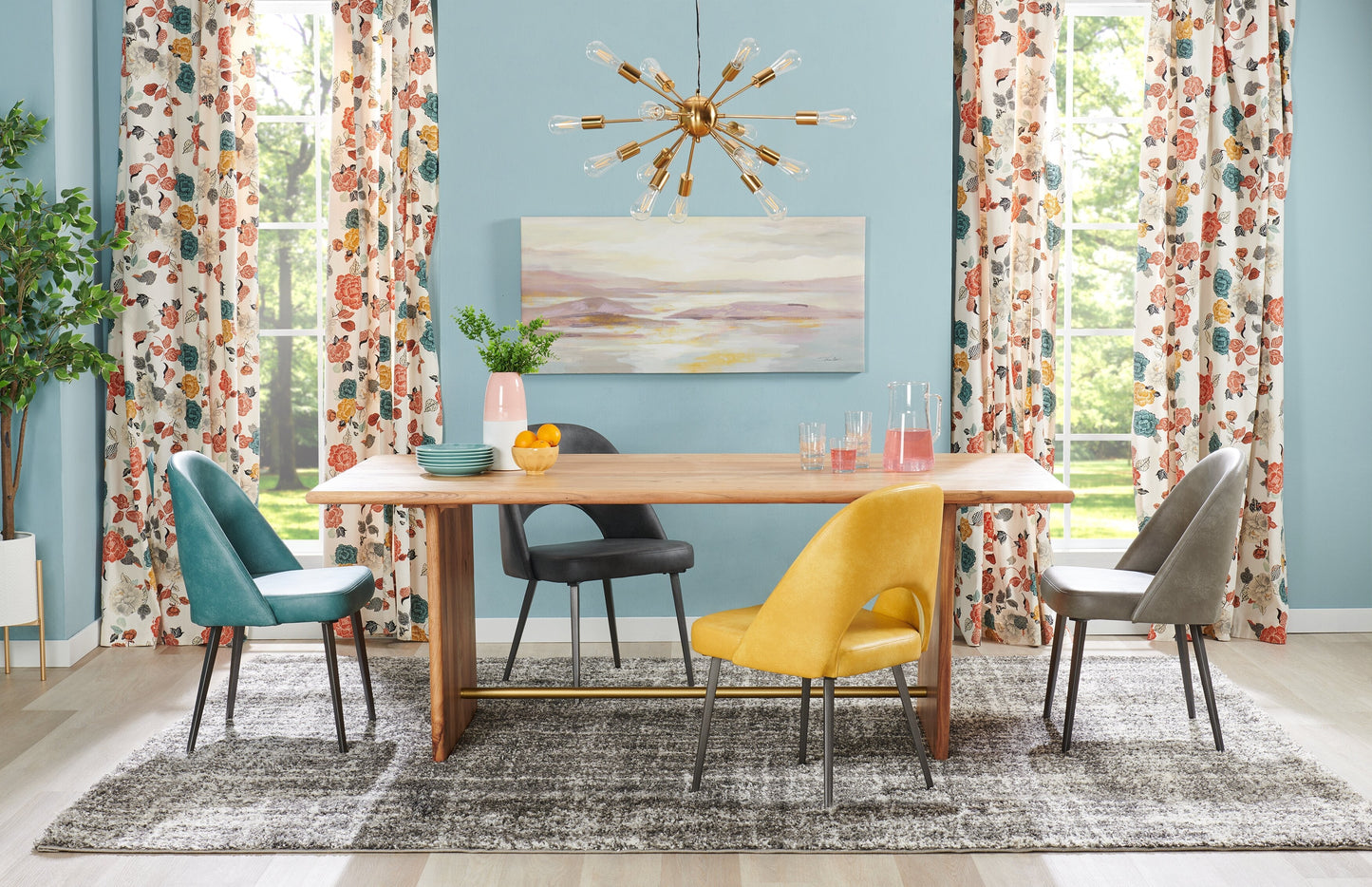 Malta Dining Table, Acacia Wood, Gold Accent, Trestle Base 79"W - Natural Brown | Table de salle à manger Malta de 79 po (L) en acacia avec touches dorées et base à tréteaux - brun naturel