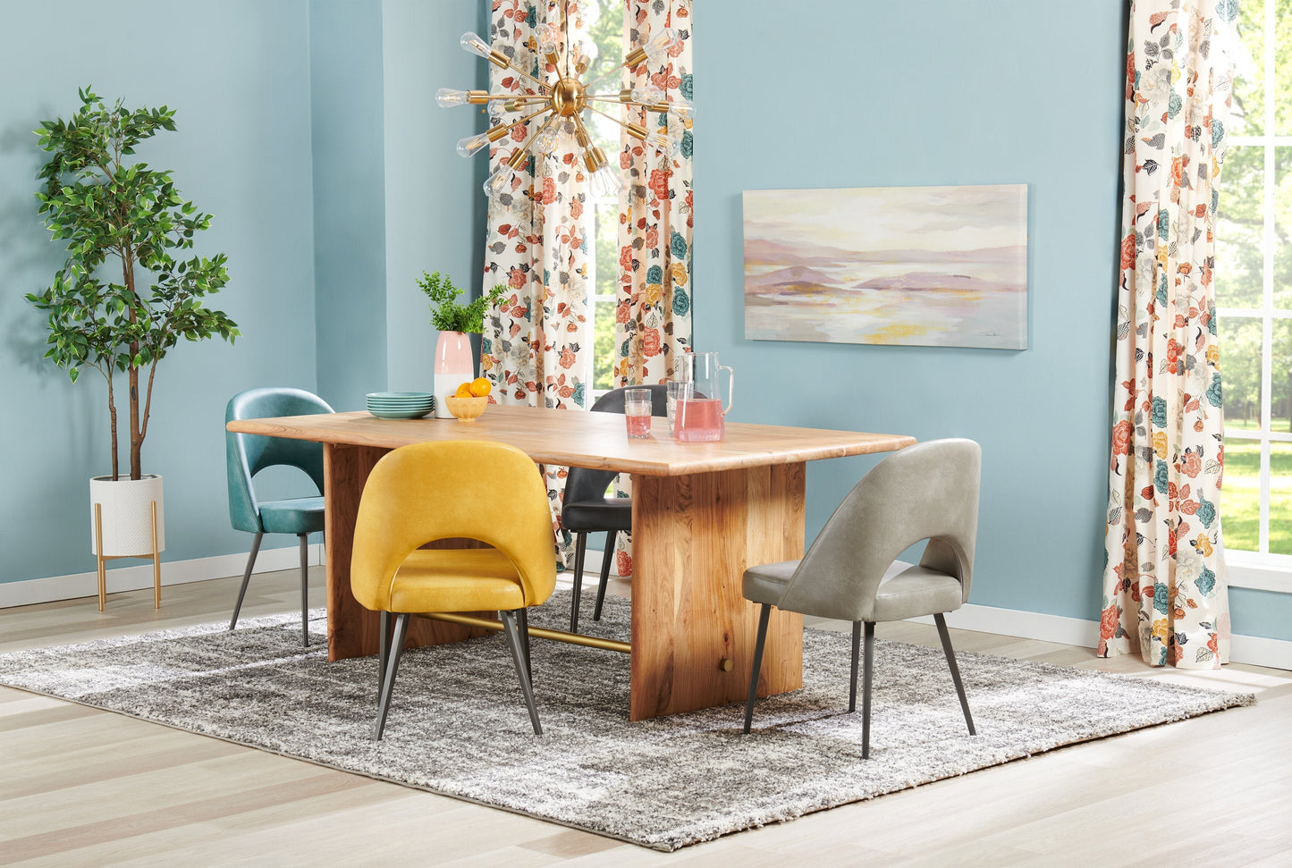 Malta Dining Table, Acacia Wood, Gold Accent, Trestle Base 79"W - Natural Brown | Table de salle à manger Malta de 79 po (L) en acacia avec touches dorées et base à tréteaux - brun naturel