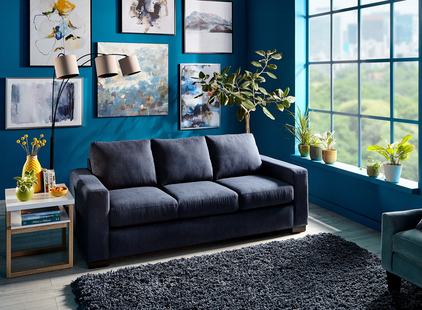 Made in Canada Customizable Sofa Lab Track 85" Linen-Look Fabric Sofa with Track Arms - Pax Navy Blue | Sofa Track de Sofa Lab de 85 po fabriqué au Canada en tissu d’apparence lin avec accoudoirs rectilignes - bleu Pax Navy | TR103149