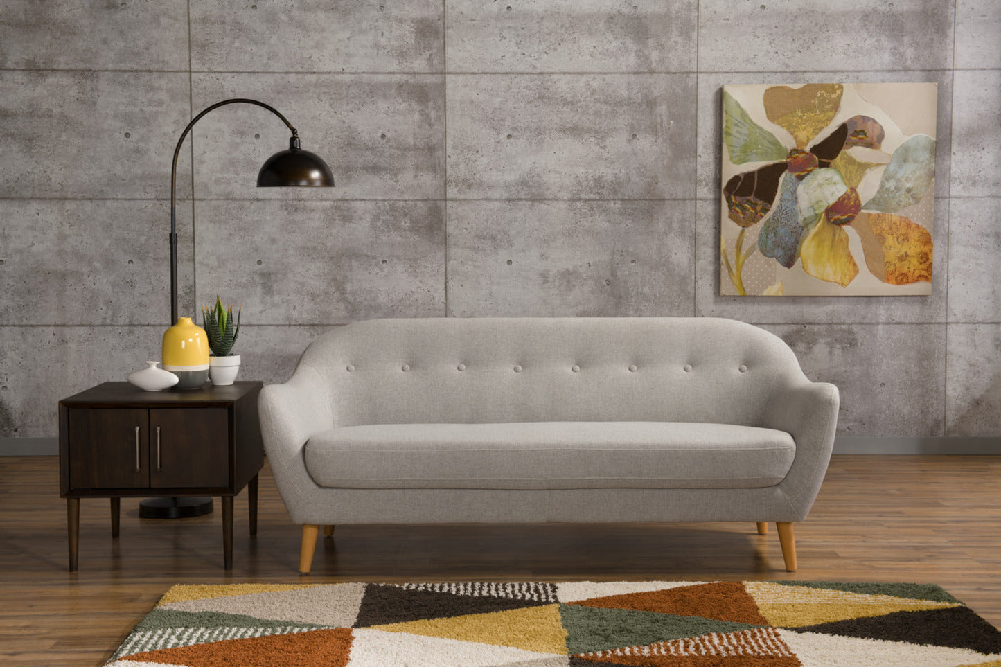 Calla 73.62" Linen-Look Fabric Condo Size Sofa with Button Tufting and Wood Legs - Light Grey | Sofa Calla de 73,62 po de format condo en tissu d’apparence lin avec capitonnage et pattes en bois - gris clair