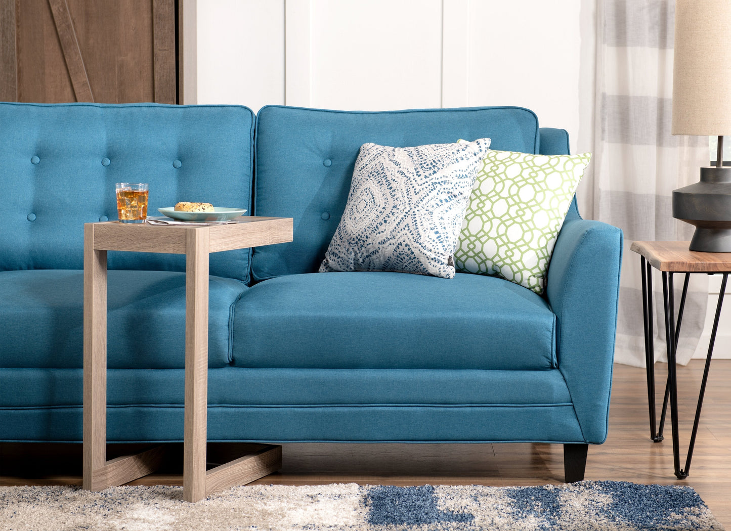 Novalee 75.5" Linen-Look Sofa with Flared Arms and Button Tufting - Blue | Sofa Novalee de 75,5 po en tissu d’apparence lin avec accoudoirs évasés et capitonnage à boutons - bleu