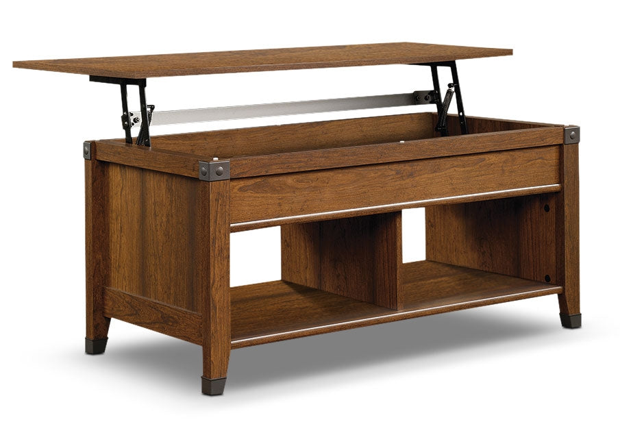 Carson 43.15" Rustic Lift Top Coffee Table with Storage and Shelf - Cherry Wood with Metal Hardware|Table à café rustique Carson de 43,15 po avec dessus relevable, rangement et tablette - bois cerisier avec quincaillerie en métal
