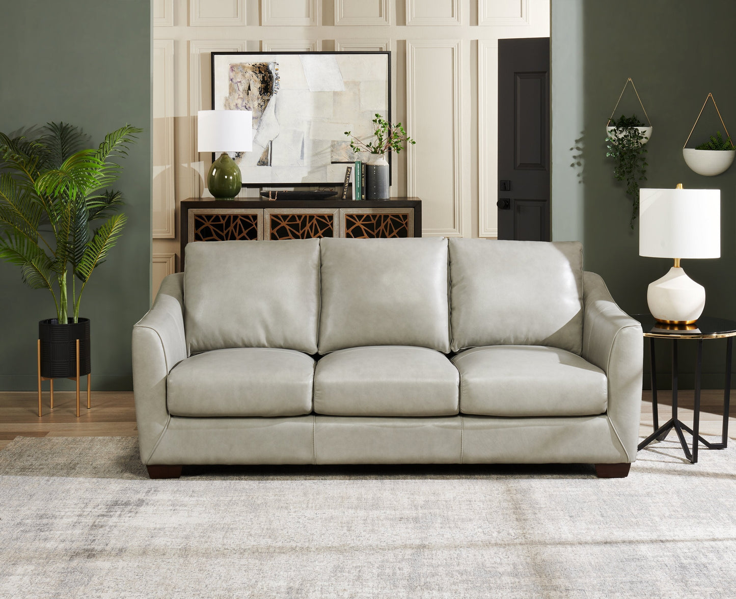 Cindy Crawford Home Royce 84" Genuine Leather Sofa with Removable Cushions and Wood Legs - Dove Grey | Sofa Royce de Cindy Crawford Home de 84 po en cuir véritable avec coussins amovibles et pattes en bois - gris tourterelle
