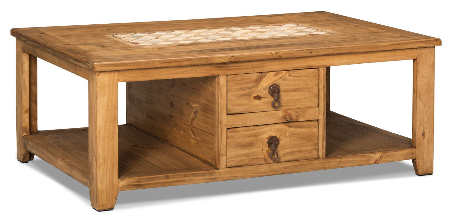 Santa Fe Rustico 47.25" Rustic Coffee Table with Storage and Shelf - Natural Pine with Marble Inset|Table à café rustique Santa Fe Rustico de 47,25 po avec rangement et tablette - pin naturel avec incrustation de marbre