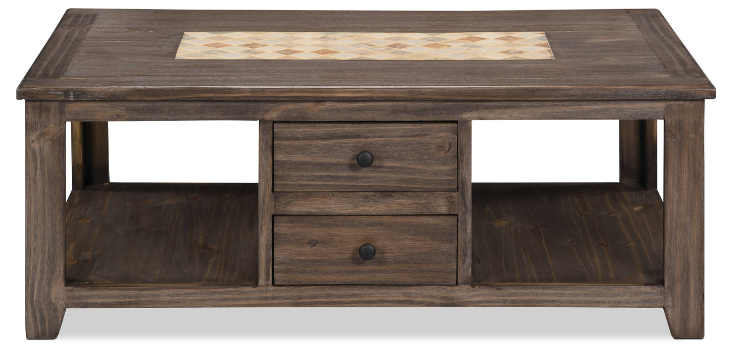 Santa Fe Rustico 47.25" Rustic Coffee Table with Storage and Shelf - Grey Pine with Marble Inset|Table à café rustique Santa Fe Rustico de 47,25 po avec rangement et tablette - pin gris avec incrustation de marbre